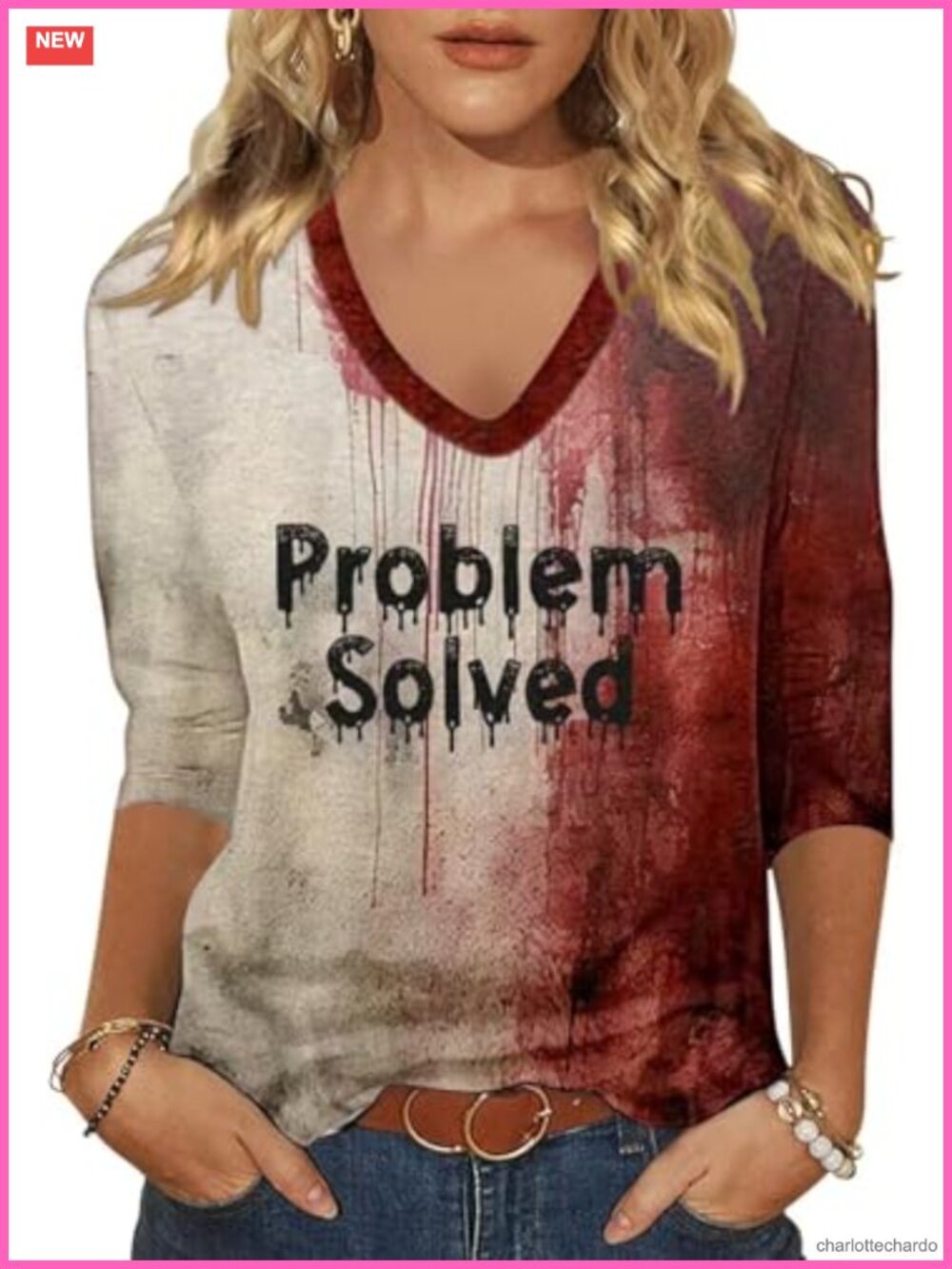 Women's Fall Halloween 3/4 Sleeve V-Neck Graphic Tee
